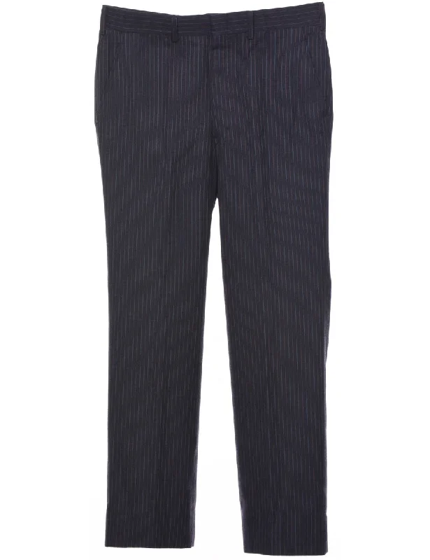 Pinstriped Navy Trousers - W33 L31 Trousers Flared Retro