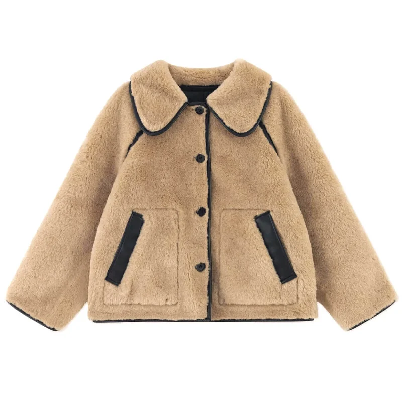 Reversible Faux Fur Coat in Vanilla by The Tiny Big Sister Asymmetrical Collar Hooded Zippered