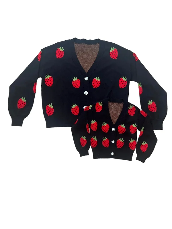 Mommy and Me Picking Strawberries Cardigan Sweater Mommy Daughter Bundle Fitted Slim Tailored