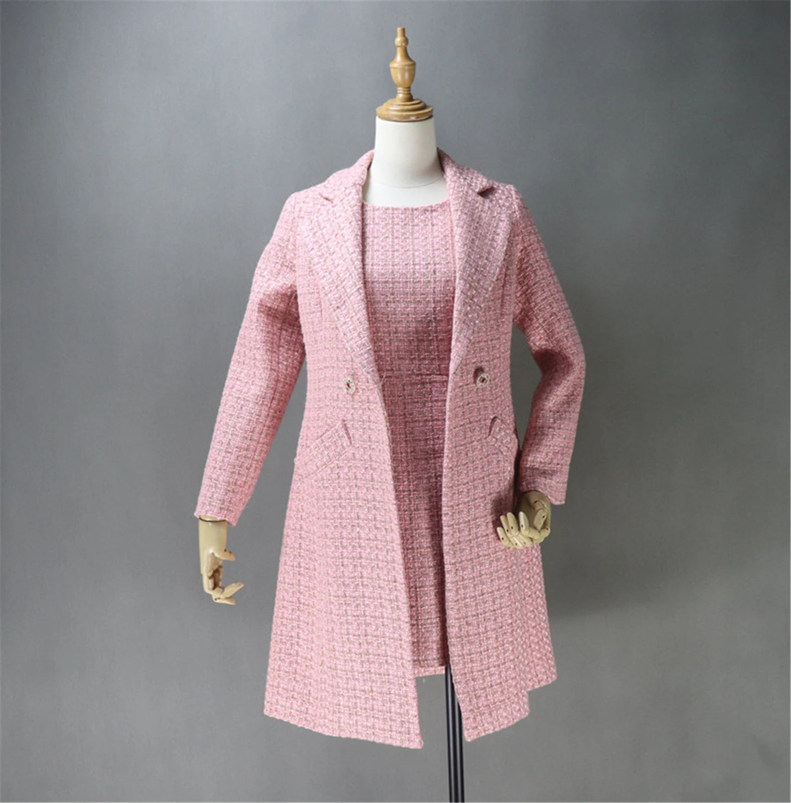 Sheath Dress  + Long Coat For Ladies With Tweed material Cape Coat Herringbone Coat Tweed Coat