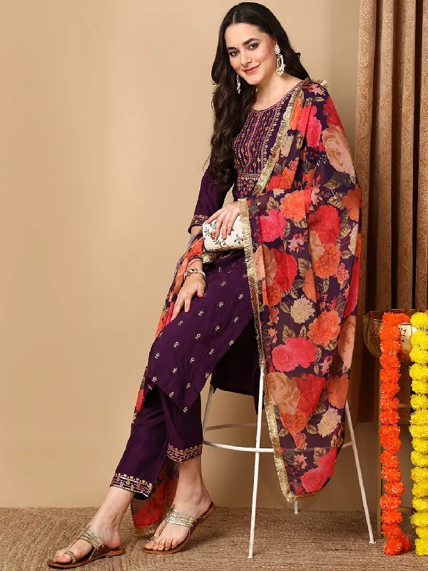 Purple Silk Blend Solid Embroidered Straight Kurta Trouser With Dupatta Trousers Corduroy Warm