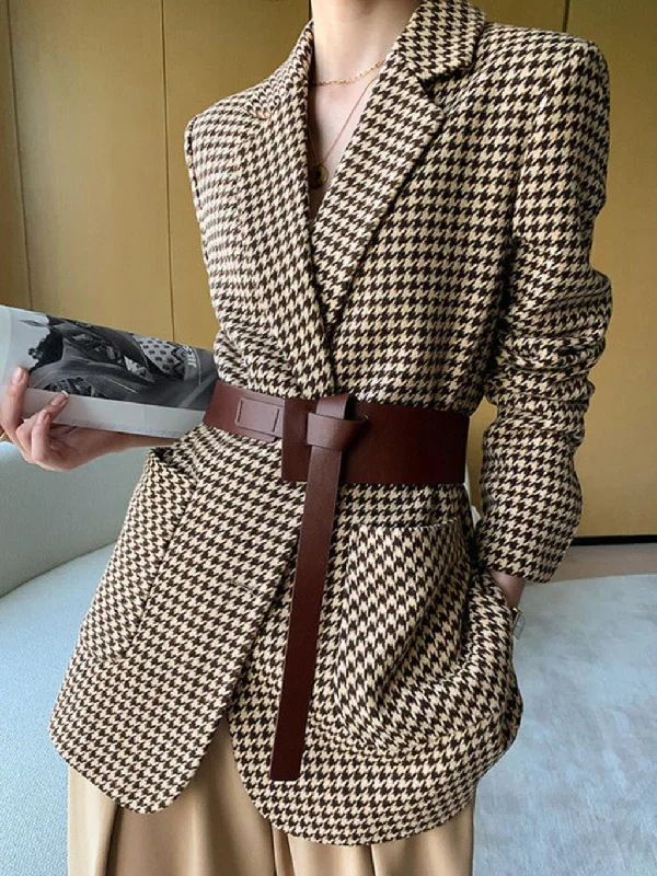 Pirate Hippie Houndstooth Classic Blazers Woman Autumn Notched Collar Belt Pockets Coat Casual Vintage Blazers Outerwear 2023 Women's Vintage Suit