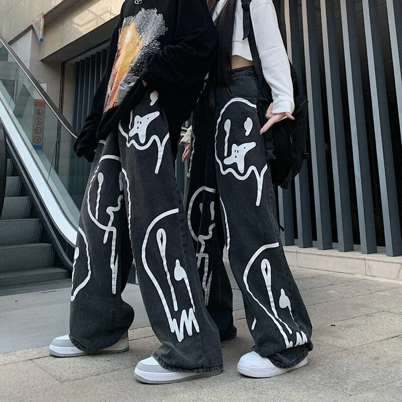 Trendy Unisex Vintage Graffiti Jeans High Waist Wide Leg Wild Casual Chic Pants Retro Style Streetwear Cool Straight Trousers Trousers Running Lightweight