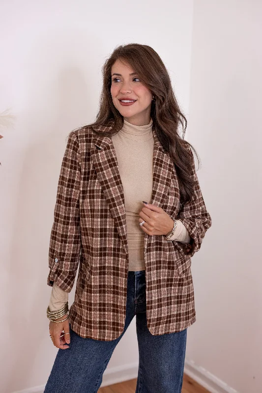 Coffee Dates Brown Plaid Blazer Women's Fashion Blazer