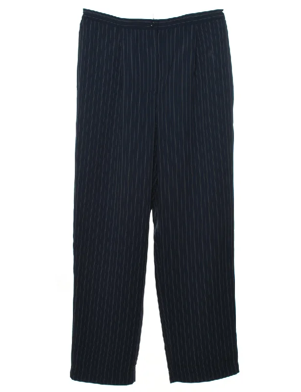 Navy Pinstriped Tapered Trousers - W32 L30 Trousers practical easy-care