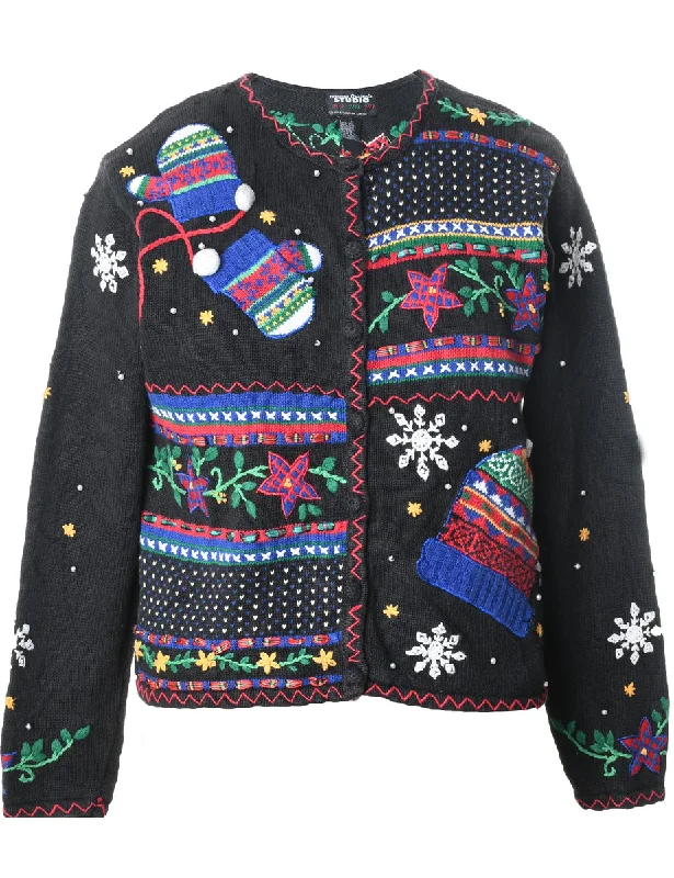 Festive Print Christmas Cardigan - M Lace Blend Ribbed Blend Corduroy Blend