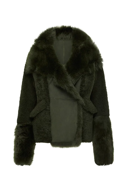 Spring Street Shearling Coat Moss Green Shearling Hook-and-Loop Buckled Tied