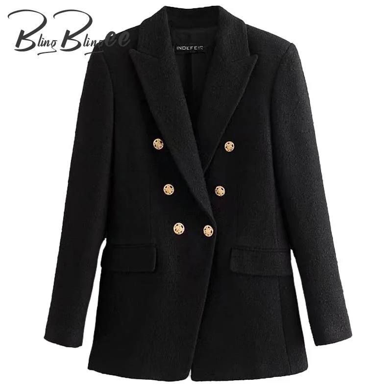 BlingBlingee   2023 Autumn Winter Woman Traf Coats OL Style Slim Blazers Ornate Buttons Female Casual Tweed Woolen Long Jacket Women's Fashion Blazer