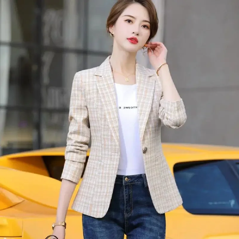 Autumn Winter Outwear Casual Jackets Female Slim Single Button Coat For Office Lady S-5XL Woman Pink Apricot Plaid Blazer Women's Vintage Jacket