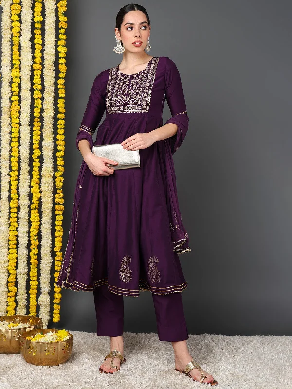 Purple Silk Blend Woven Design Embroidered Flared Kurta Trouser With Dupatta Trousers Mesh Breathable