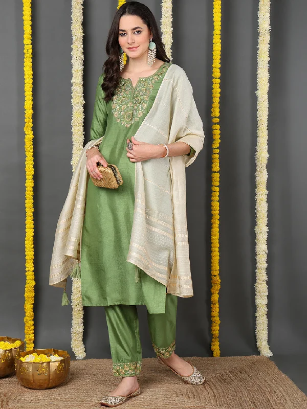 Green Silk Blend Solid Embroidered Straight Kurta Trouser With Dupatta Trousers Chinos Classic