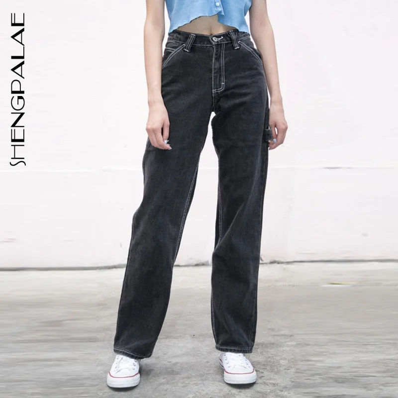 SHENGPALAE 2022 Summer Casual Jeans Woman Long Trousers Cowboy Female Loose Streetwear High Waist Straight Pants ZA3972 Trousers Elastic Waist Soft