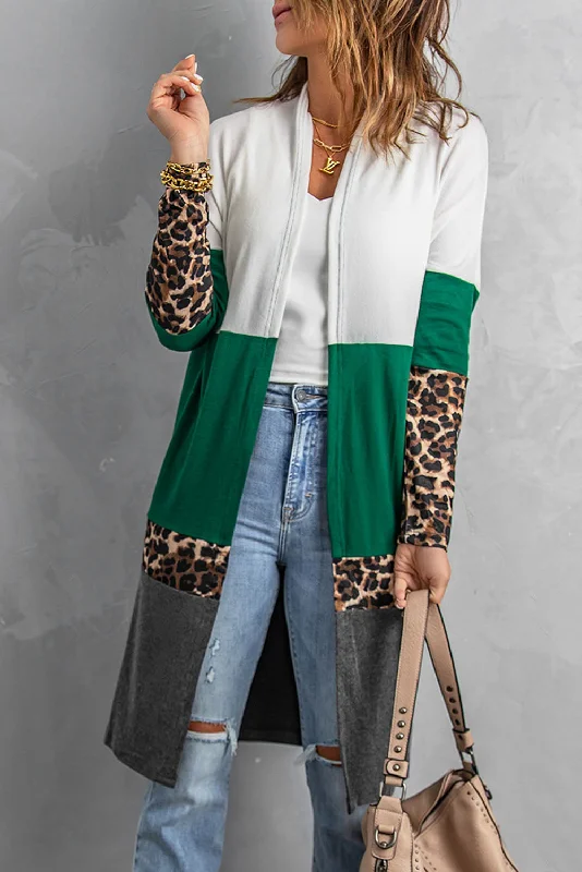 Leopard Color Block Cardigan (S-2XL) Spandex Blend Rayon Blend Denim Blend