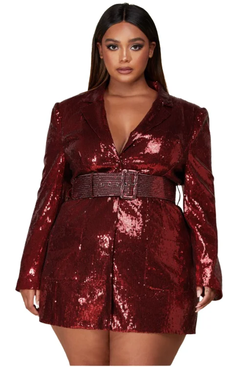 Burgundy Sequins Blazer Dress Women's Travel Jacket