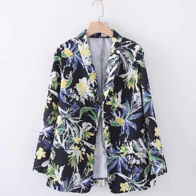 Vintage Floral Print Lapel Open Stitching Blazer Casual 2022 Woman Pockets Slim Fit Suit Jacket Coat Outerwear Tops Black Women's High-End Blazer