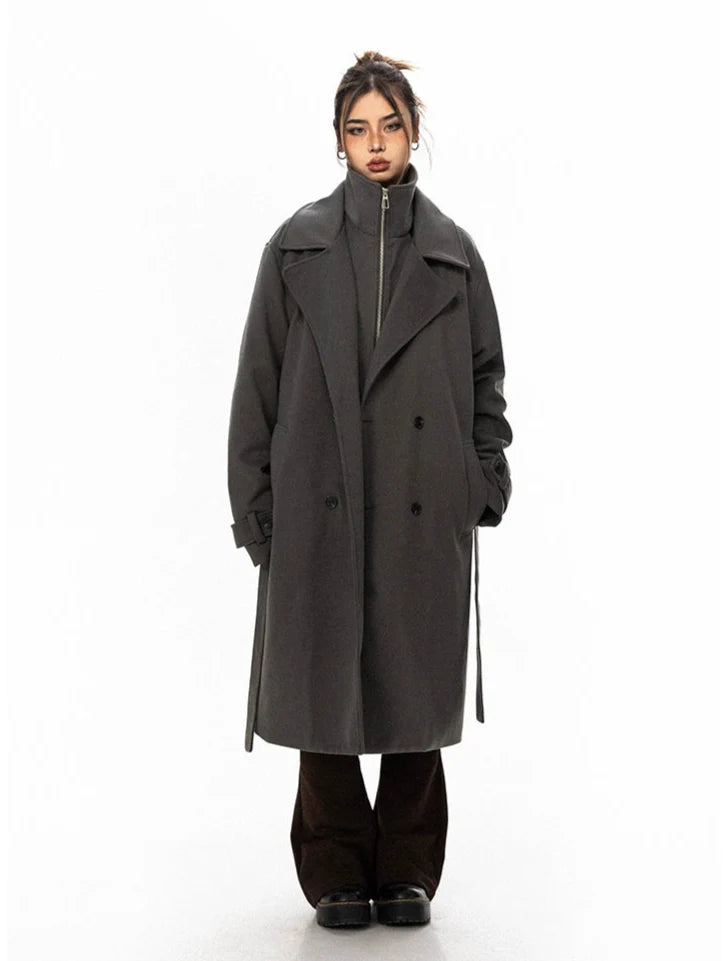 Oversized Belted Double Breasted Trench Coat Stole Shawl Scarf