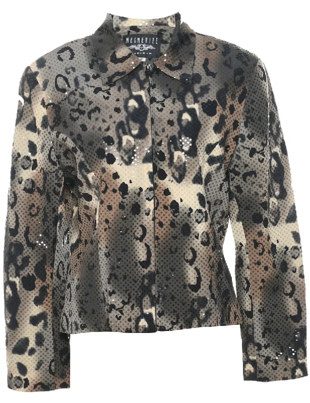 Animal Print Y2K Sparkly Zip-Front Evening Jacket - M Welt Pockets Slit Pockets Flap Pockets