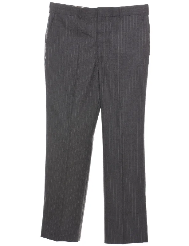 Pinstriped Dark Grey Trousers - W35 L31 High Waist Slim Fit Ankle Length