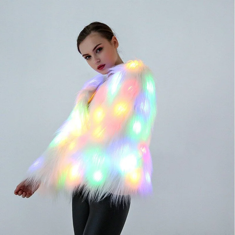 Colorful LED Faux Fur Coat for Winter Raves Embroidered Appliqued Beaded