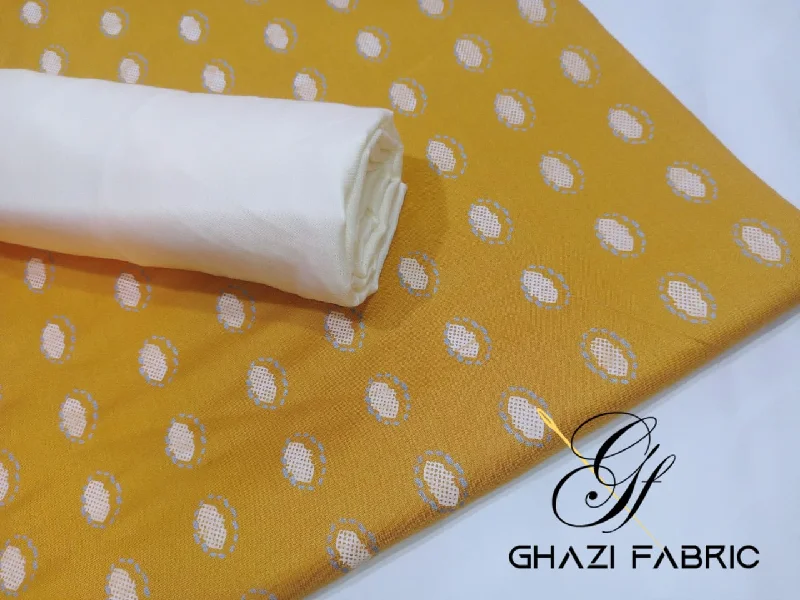 Ghazi fabric Unstitched Linen 2 piece printed mustard with cream trouser GTS3434 Trousers Winter Warm