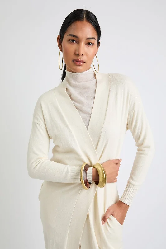 + Beryll Debbie Long Silk Cashmere Cardigan | Ivory Crew Neck V-Neck Turtle Neck