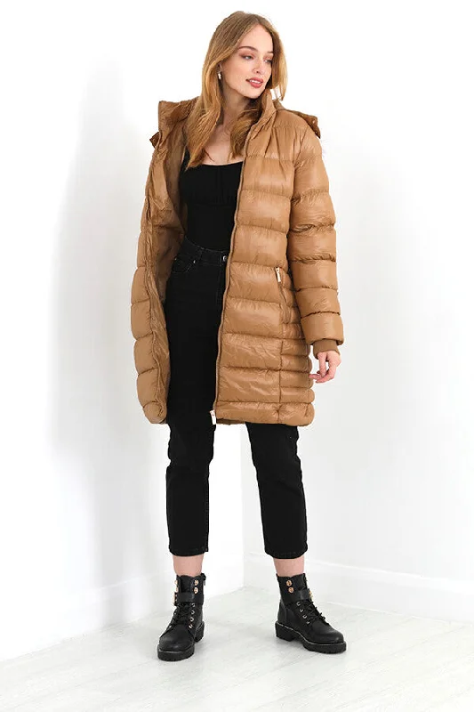 TOFFEE LONGLINE BELTED FAUX FUR HOOD DETAIL PADDED COAT Solid Print Jacquard