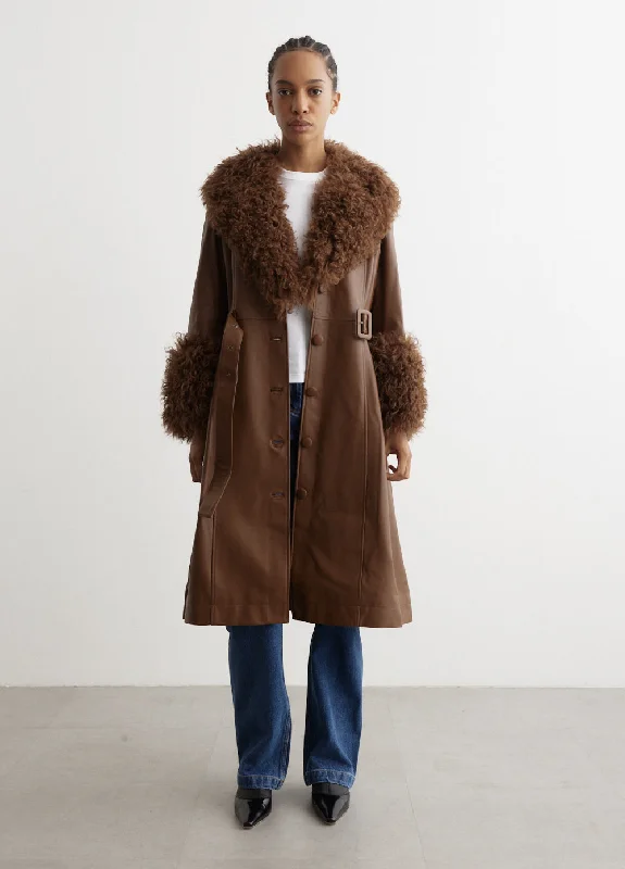 Foxy Leather Shearling Coat Turtleneck Wrap Cape