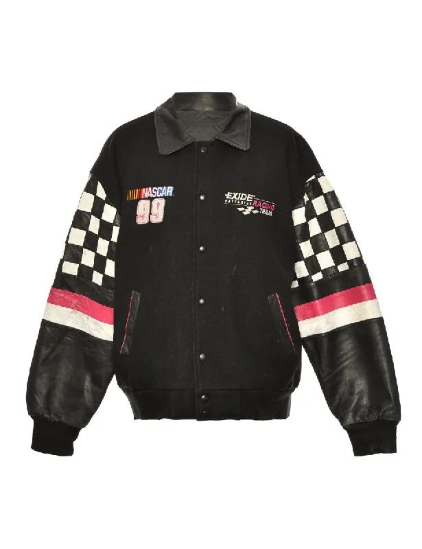 Black Check Detail NASCAR Racing Jacket - L Tiered Jacket Buttoned Jacket Zippered Jacket