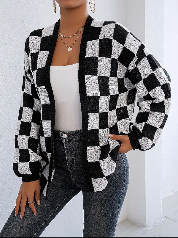 Hazel Blues® |  Checkered Open Front Long Sleeve Cardigan Cardigan Knitwear Sweater