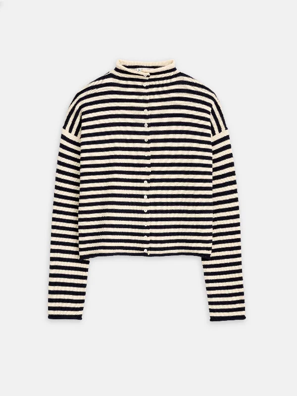 Taylor Striped Cardigan in Cotton Cashmere Denim Fabric Leather Fabric Suede Fabric