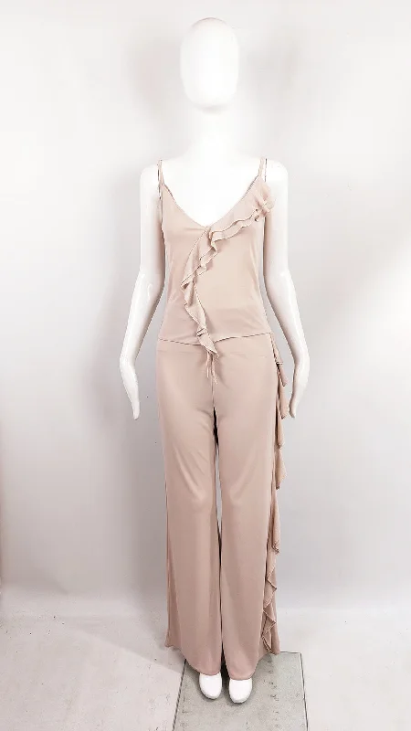 Orna Farho Paris Vintage Beige Ruffled Two Piece Top & Trousers Set Trousers Bestseller Popular