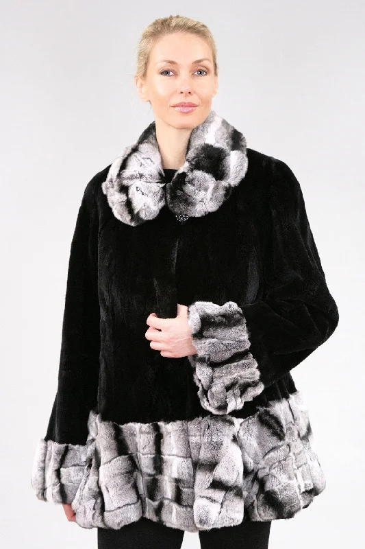 4 | Black Beaver With Chinchilla Rex Rabbit Coat Zip Front Button Front Snap Front