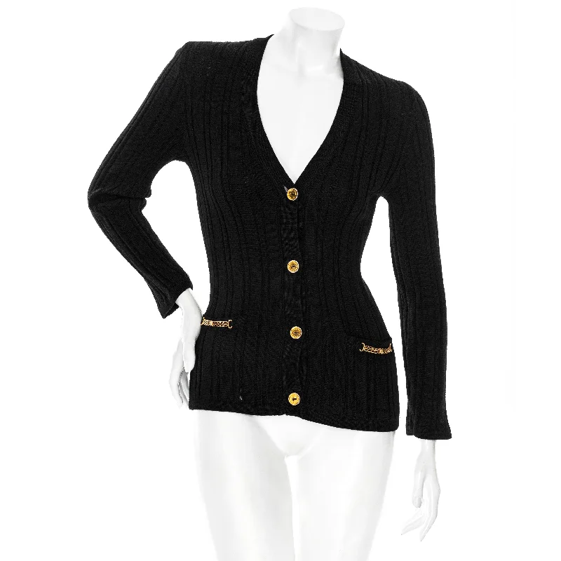 Vintage Black Wool Ribbed Knit Triomphe Cardigan Boxy Cardigan Fitted Cardigan A-Line