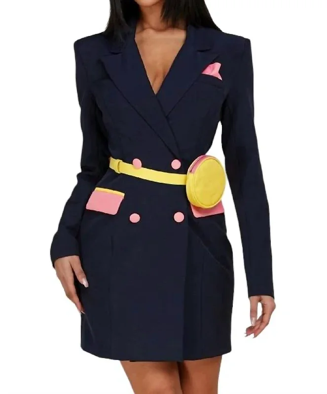 Belted Blazer Dress In Navy Multi Women's Casual Suit