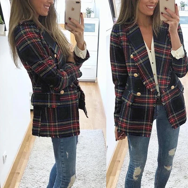 Office Lady Double Side Woolen Cardigan Plaid Double-breasted Blazer Jacket  Female Casual Coats Plaid Ladies Outerwear Women's Travel Jacket