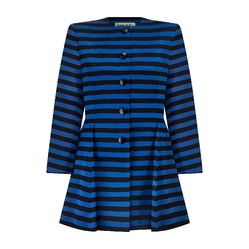 1980s Victor Edelstein Black and Blue Silk Striped Dress Coat Trench Wool Cashmere