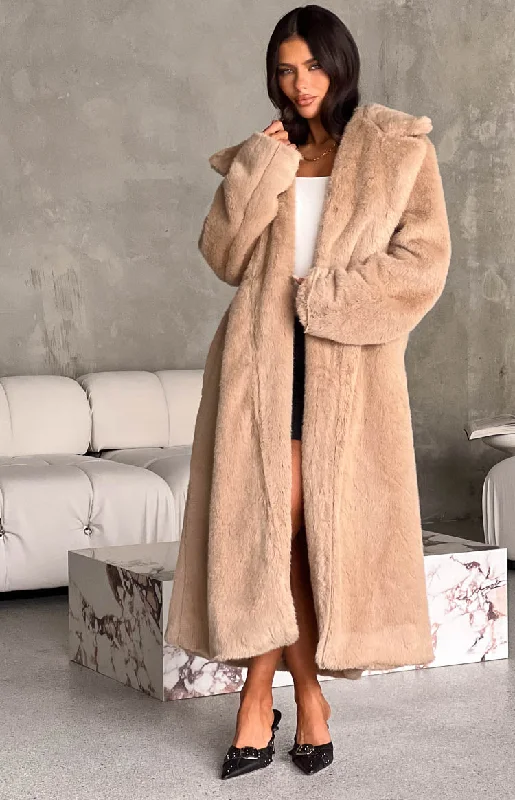 Lyrae Brown Full Length Faux Fur Coat Cotton Linen Terry