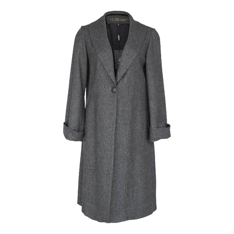 Worsted Flannel Long Trench Coat - Gray Suede Faux Fur Shearling