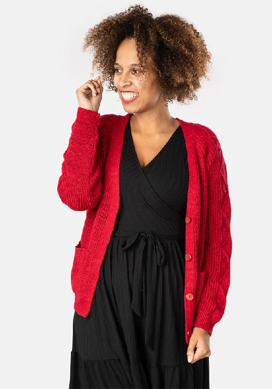 Red Cable Sleeve Cardigan Asymmetrical,ymmetric Pencil Cardigan