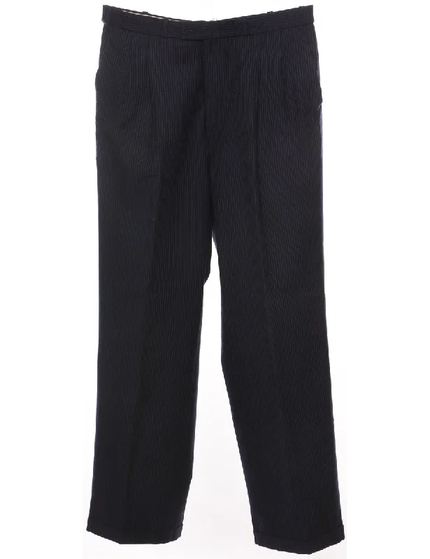 Pinstriped Navy Tapered Trousers - W34 L32 Trousers Palazzo Wide Leg