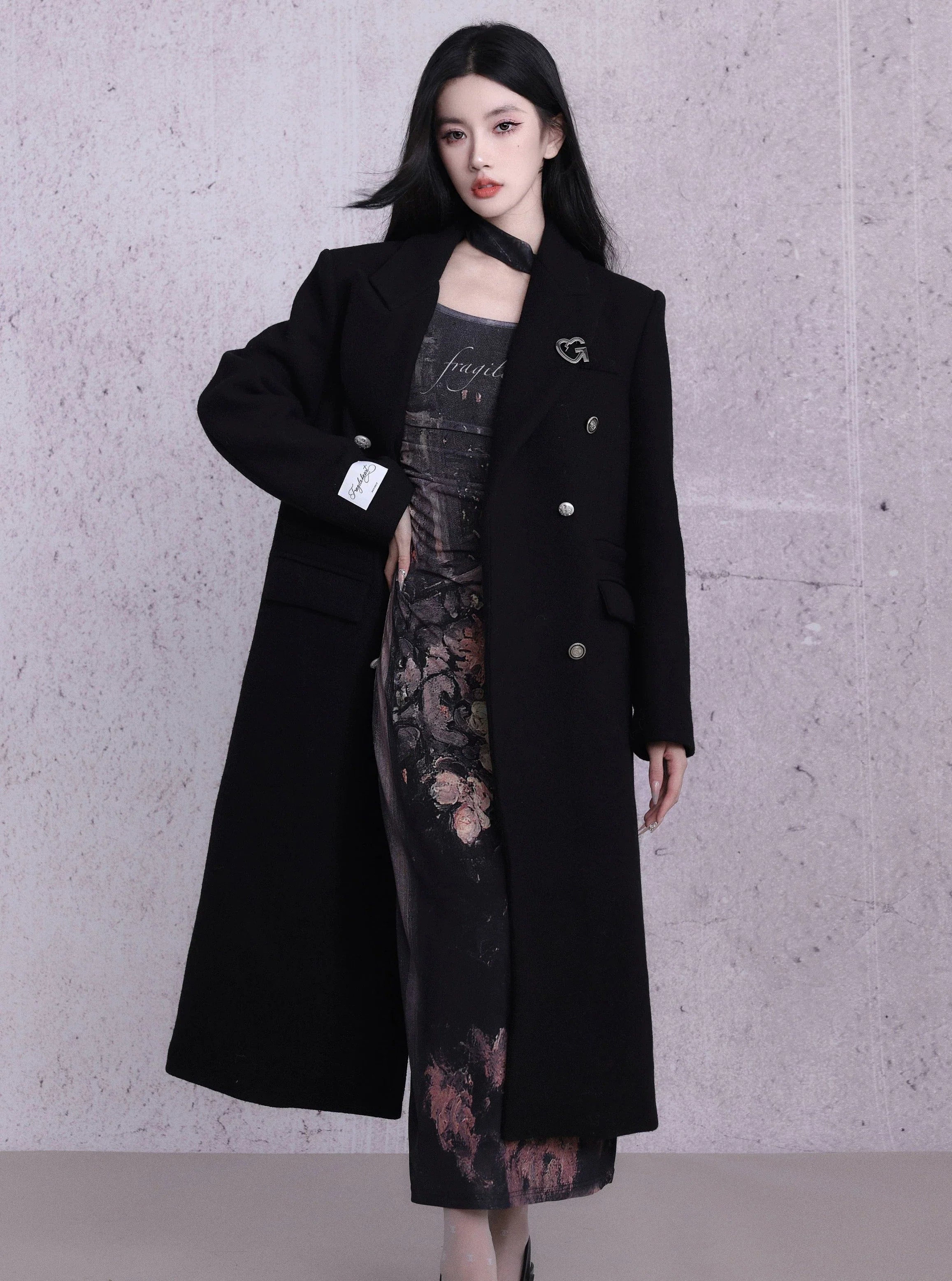 Classic Black Double-Breasted Longline Wool Coat with Silver Buttons Solid Print Jacquard