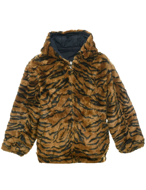 Animal Print Faux Fur Jacket - L Oversized Jacket Tailored Jacket Straight Jacket