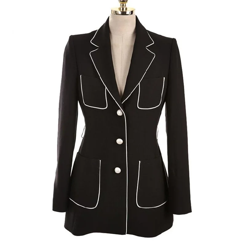 Autumn Winter Pearl Buttons Blazer High Quality Long Jacket Outwear Women's Trendy Blazer