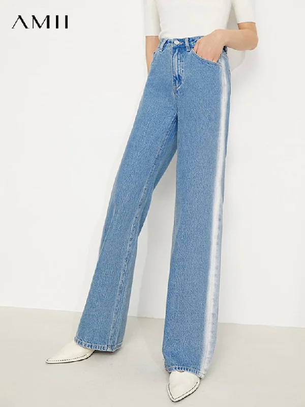 AMII Minimalism Autumn Wide Leg Pants Vintage Contrast Loose High Waist Jeans Casual Female Straight Denim Trousers 12170594 Trousers Lace Delicate