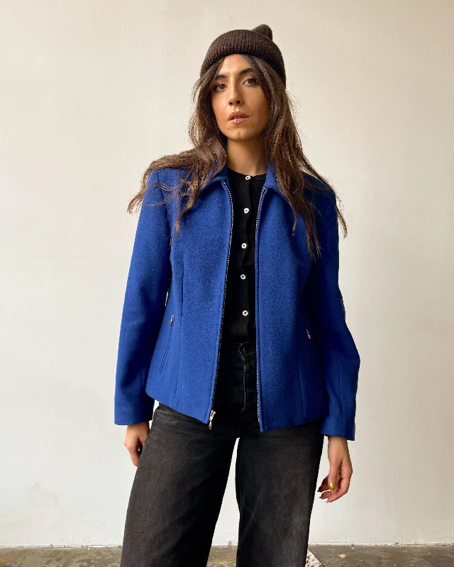 Royal Blue Zip Front Wool Cashmere Blend Jacket - M Faux Fur Jacket Real Fur Jacket Shearling Jacket