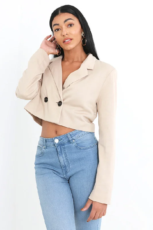 STONE JERSEY DOUBLE BREASTED CROPPED BLAZER Cotton Blend Blazer