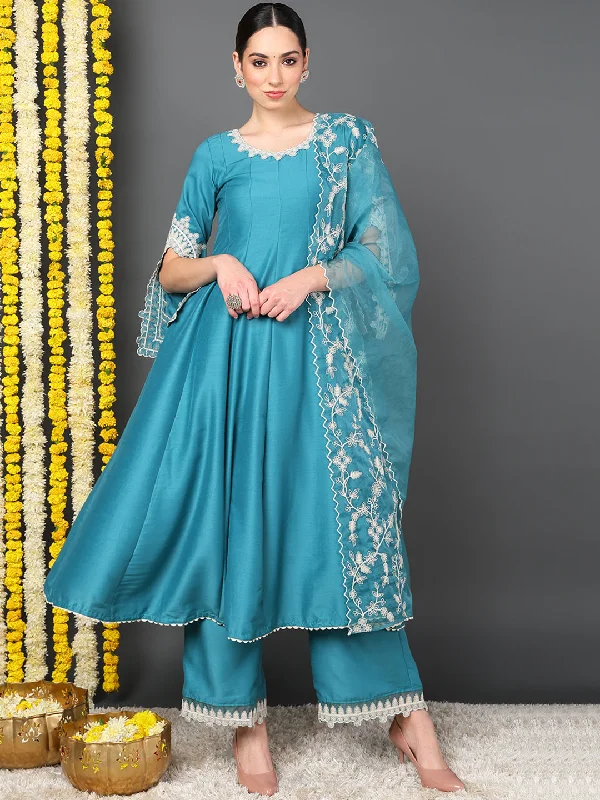 Blue Silk Blend Solid Embroidered Flared Kurta Trouser With Dupatta Trousers Leisure Comfortable