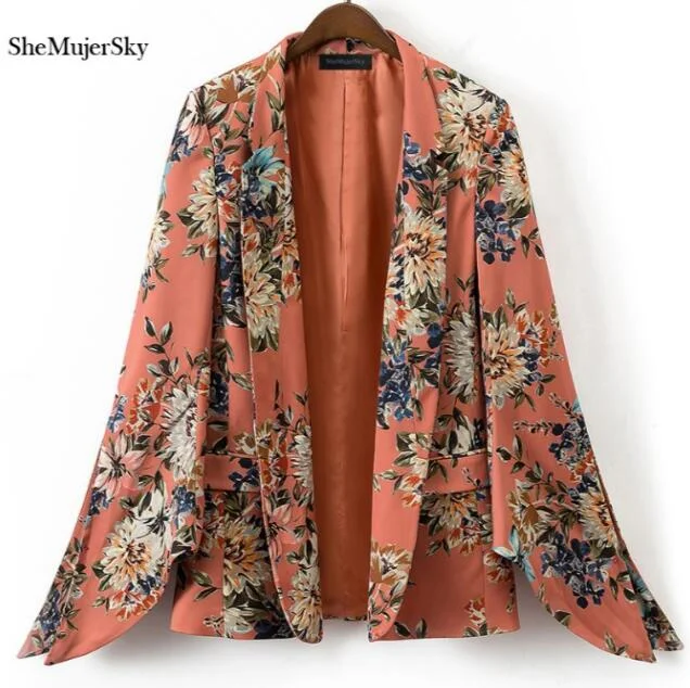 Blazer feminino manga longa Women Floral Blazer blaser Pink Casual Blazers Pocket Women's Warm Suit