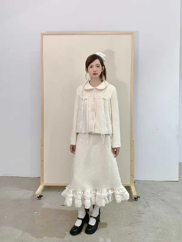 Lace wool coat and skirt【s0000010373】 Hook-and-Loop Buckled Tied