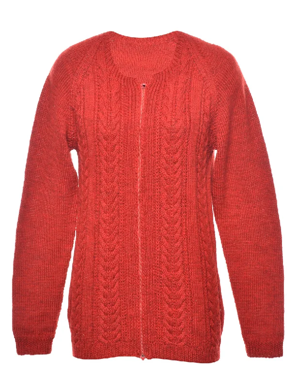 Cable Knit Red Classic Cardigan - S Sequined Glittery Shiny